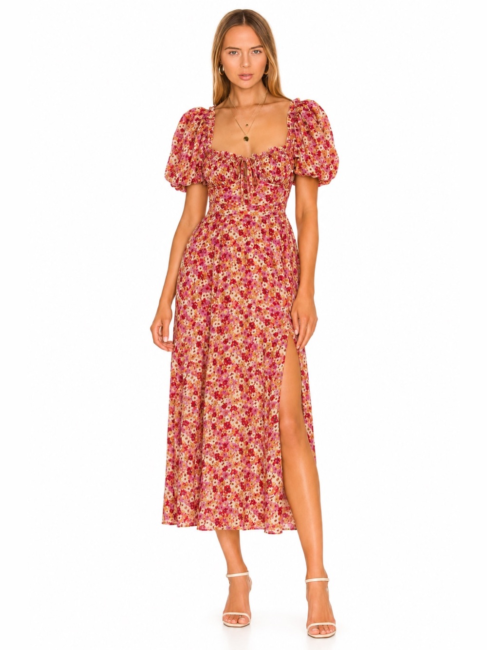 For Love & Lemons Felicia Pink Floral Midi Dress Puff Sleeve Slit Size Small
